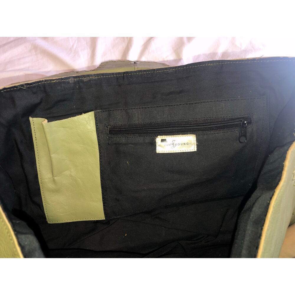 Vintage Jamie Young Co Olive Green Leather Bag Large Tote Work Laptop Boho - Picture 8 of 11